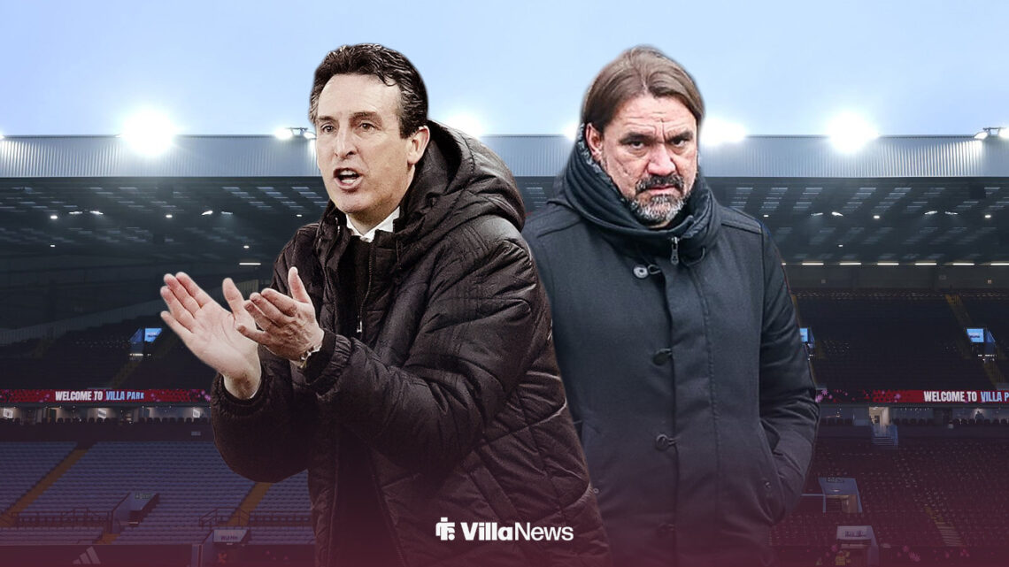 Unai Emery clapping alongside Daniel Farke looking concerned at Villa Park.