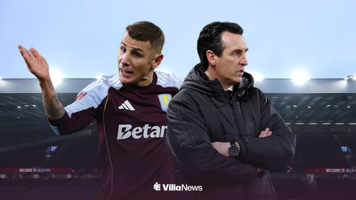 Lucas Digne with his hand up alongside Unai Emery with his arms folded.