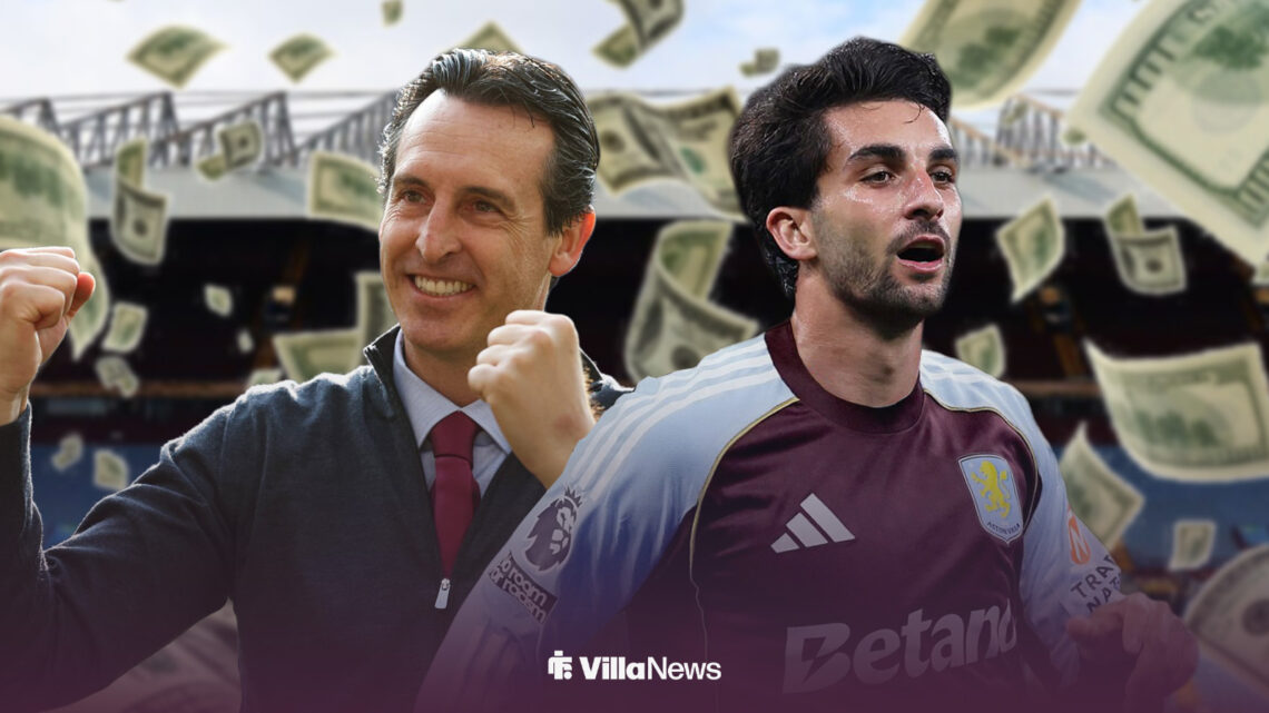 Unair Emery celebrating with Ferran Torres next to him in front of Villa Park as cash notes fly in background.