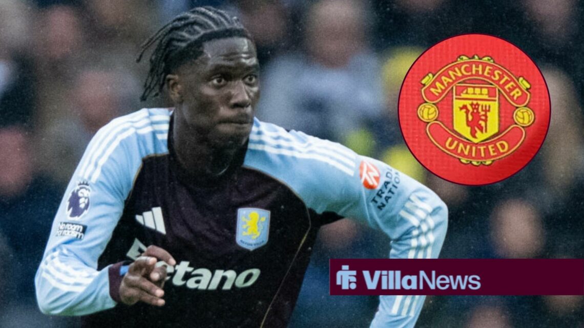 Amadou Onana playing for Manchester United looking towards a circle inset of the Manchester United badge