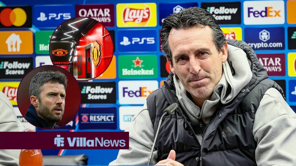 Unai Emery at a press conference, with inset photos of Michael Carrick and Old Trafford