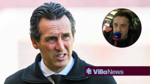 Aston Villa boss Unai Emery grimaces on the touchline, alongside a circular inset of Gary Neville holding a Sky Sports microphone (top right)