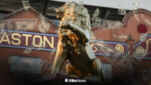 Villa Park lion statue surrounded by money