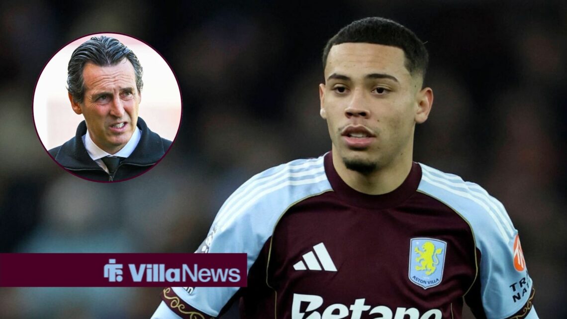 Aston Villa winger Alysson looks on during a match, alongside a circular inset of Unai Emery grimacing on the touchline (top left)