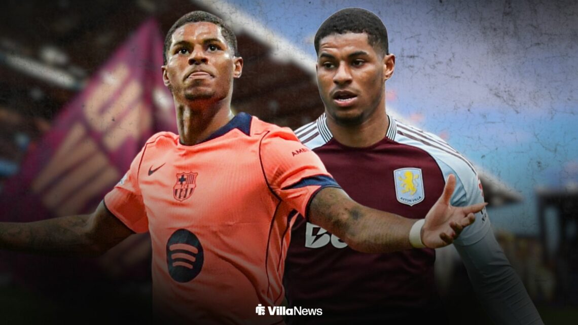 Marcus Rashford of FC Barcelona scores their sides second goal of the match and celebrates his sides goal during the UEFA Champions League match at...