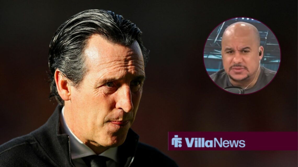 Unai Emery looks dejected on the touchline, alongside an inset of Gabby Agbonlahor speaking live on talkSPORT