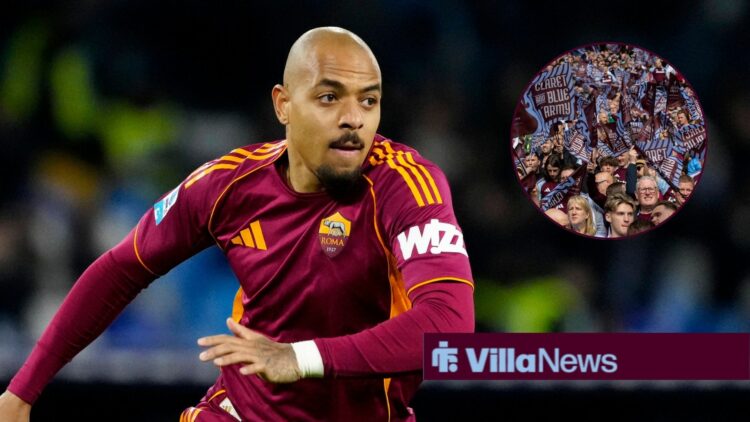 Donyell Malen in action for Roma with circular inset of Villa fans