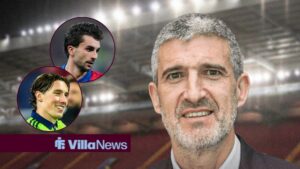 Aston Villa board member Roberto Olabe looking outside Villa Park with Fulham's Harry Wilson and Barcelona's Ferran Torres both looking at him through small insets on the left.