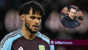 Tyrone Mings alongside a circle inset of Unai Emery.