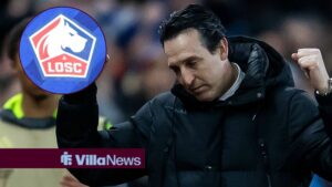 Aston Villa manager Unai Emery celebrating with Lille badge in circular inset