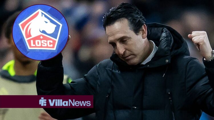 Aston Villa manager Unai Emery celebrating with Lille badge in circular inset