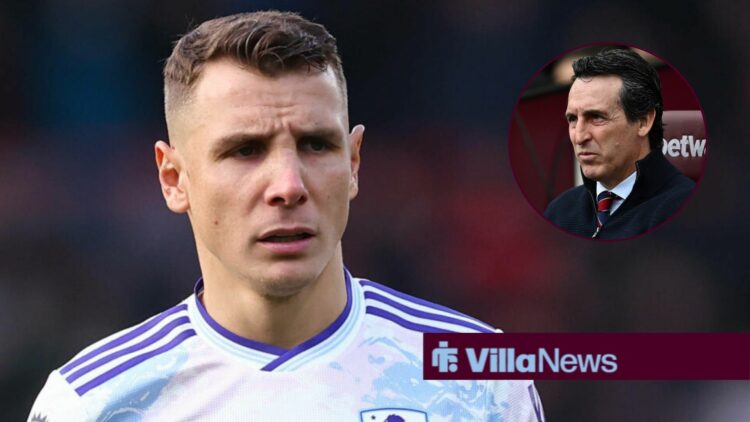 Lucas Digne alongside a circle inset of Unai Emery.