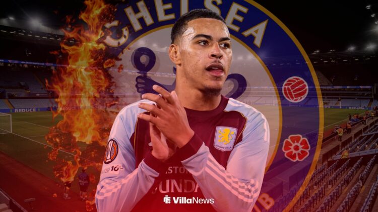 Morgan Rogers with burning Chelsea badge behind him