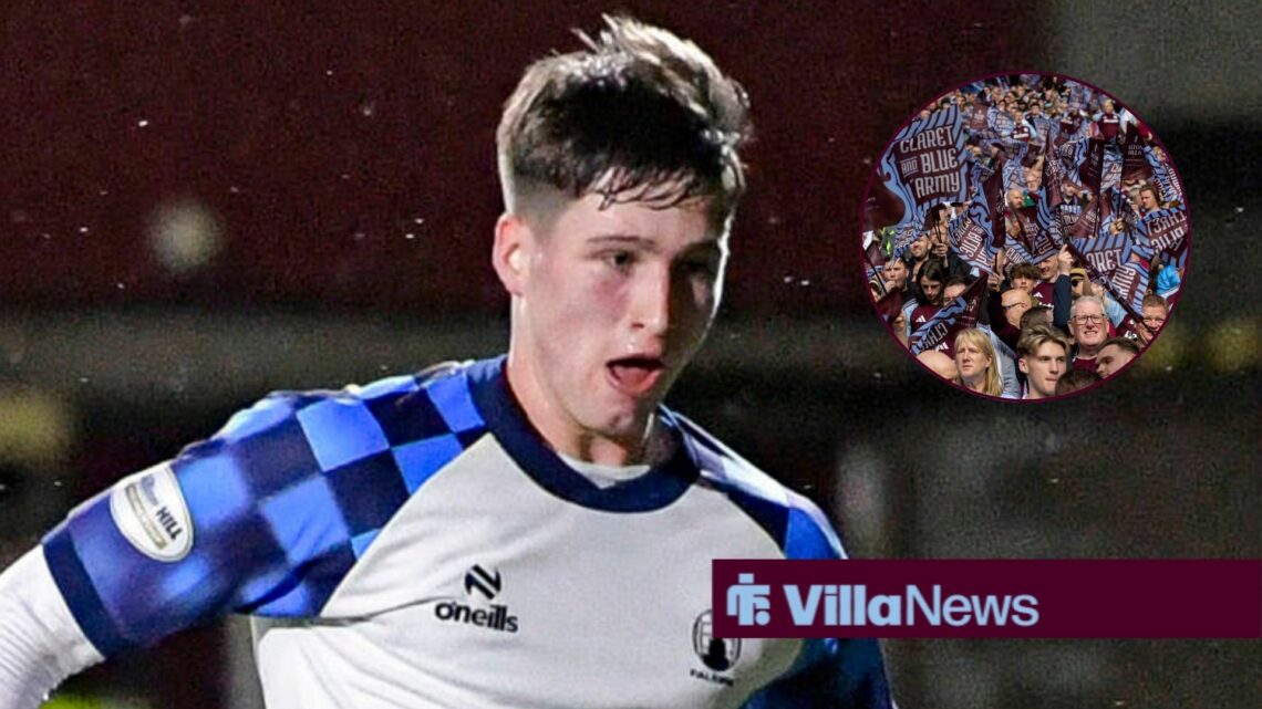 Ben Broggio in action for Falkirk with circular inset of Aston Villa fans