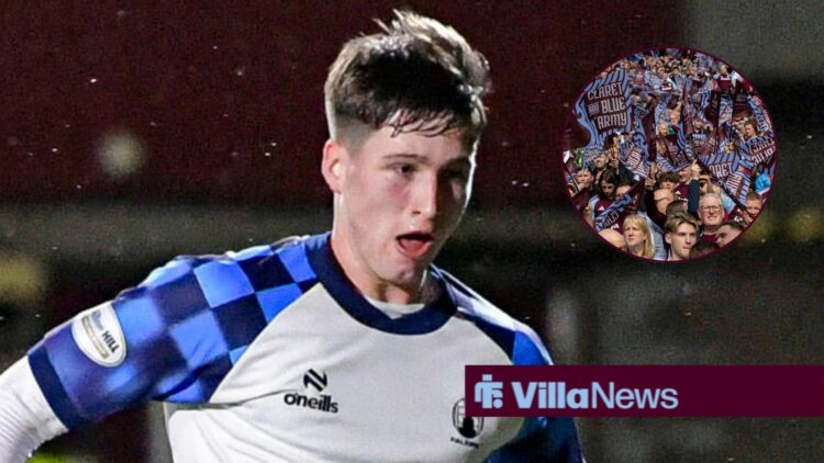 Ben Broggio in action for Falkirk with circular inset of Aston Villa fans