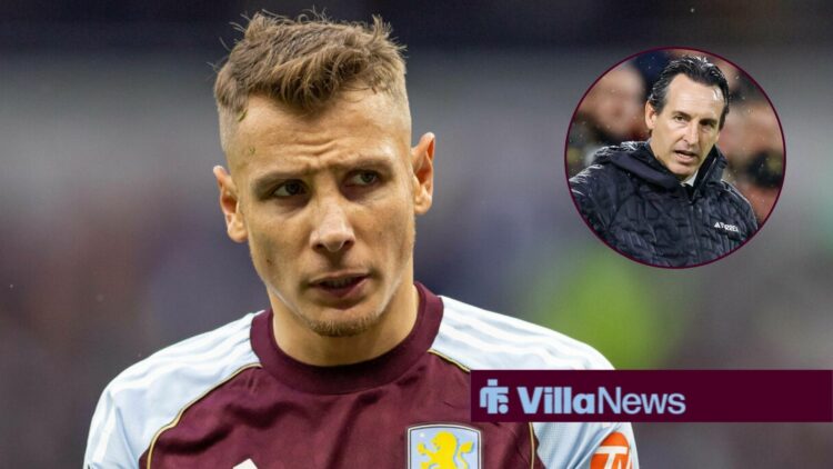 Lucas Digne alongside a circle inset of Unai Emery.