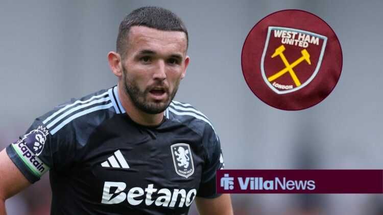John McGinn in action for Aston Villa with West Ham United badge in circular inset
