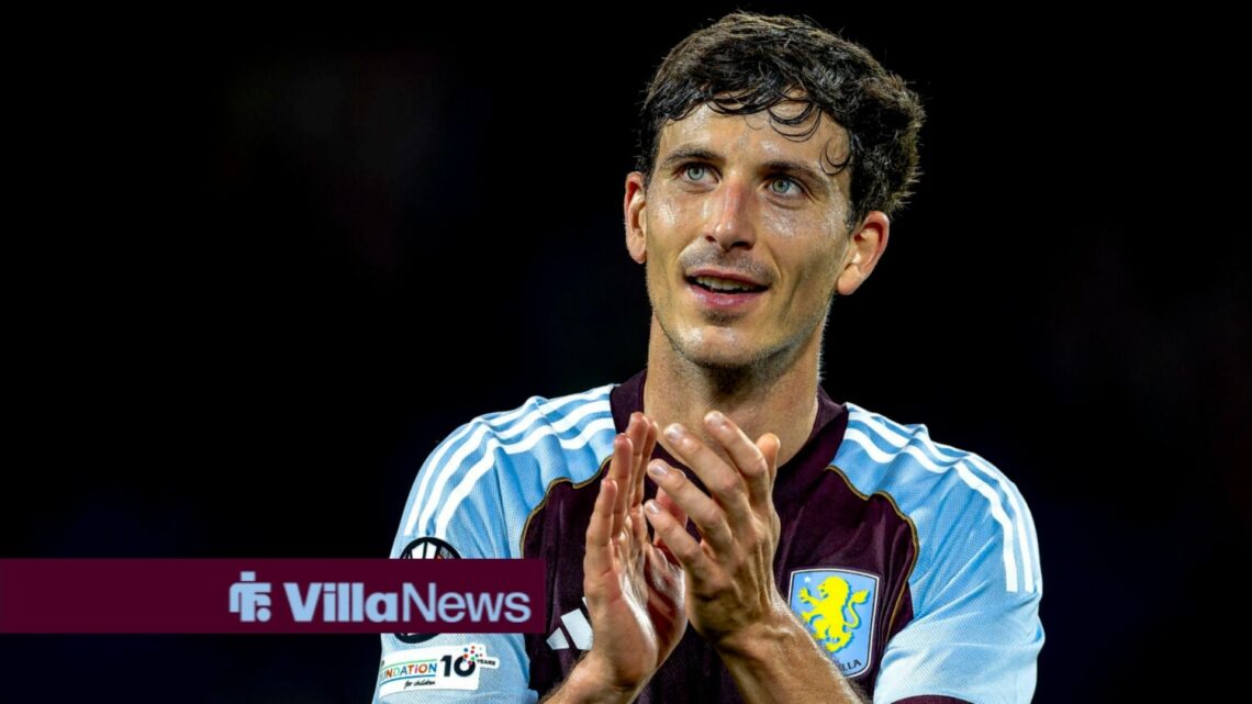 Pau Torres clapping in an Aston Villa shirt.