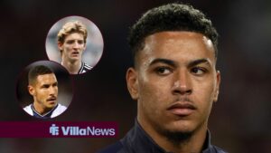 Morgan Rogers in action for England with circular insets of Anthony Gordon and Jake Livermore