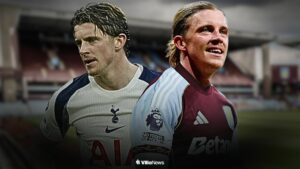 Conor Gallagher looking annoyed for Tottenham alongside Conor Gallagher in an Aston Villa shirt