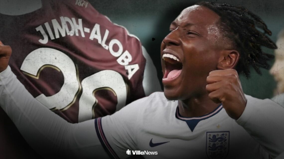 Jamaldeen Jimoh-Aloba celebrating for England alongside Jamaldeen Jimoh-Aloba playing for Aston Villa