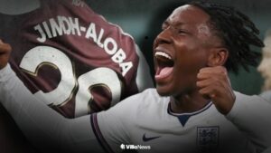 Jamaldeen Jimoh-Aloba celebrating for England alongside Jamaldeen Jimoh-Aloba playing for Aston Villa