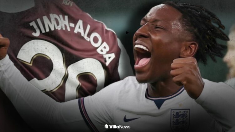 Jamaldeen Jimoh-Aloba celebrating for England alongside Jamaldeen Jimoh-Aloba playing for Aston Villa