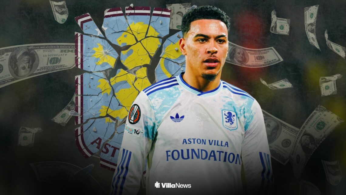 Morgan Rogers playing for Aston Villa surrounded by falling bank notes