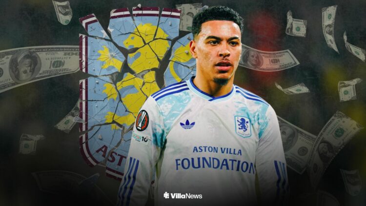 Morgan Rogers playing for Aston Villa surrounded by falling bank notes