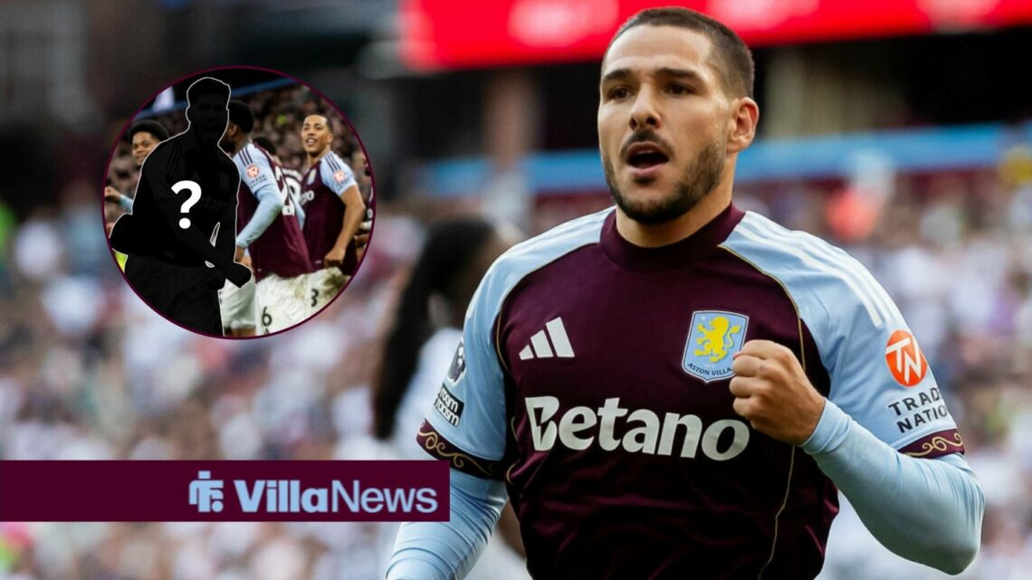 Emi Buendia celebrating for Aston Villa looking towards a circle inset of Aston Villa forward Marco Asensio 21 scores and celebrates with fans duri...