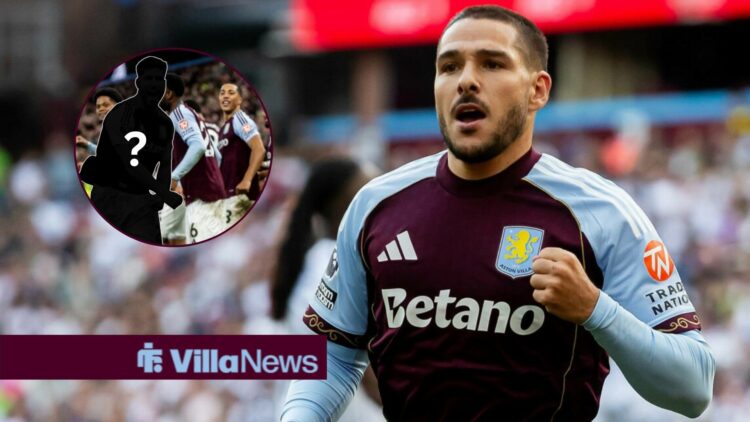 Emi Buendia celebrating for Aston Villa looking towards a circle inset of Aston Villa forward Marco Asensio 21 scores and celebrates with fans duri...