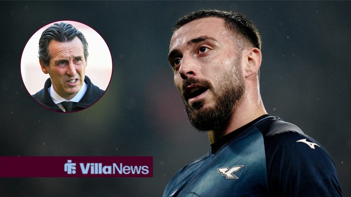 Mario Gila warms up ahead of a Lazio match, alongside a glum-looking Unai Emery on the touchline (top left)