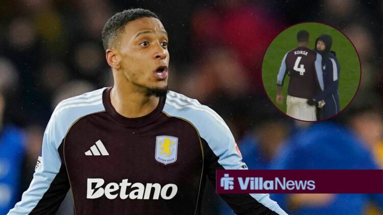 Ezri Konsa of Aston Villa starts an inquest with his fellow players during the Wolverhampton Wanderers vs Aston Villa Premier League match at Molin...