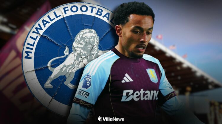Femi Azeez in an Aston Villa shirt ahead of a Millwall badge