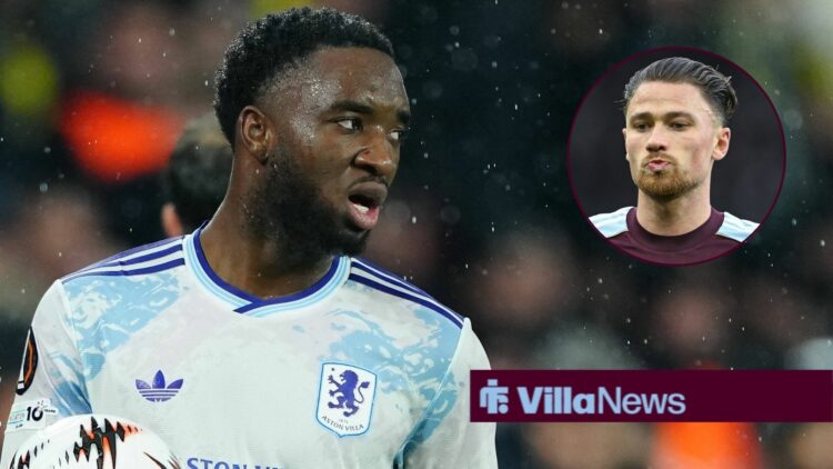 Lamare Bogarde playing for Aston Villa looking towards a circle inset of Matty Cash playing for Aston Villa