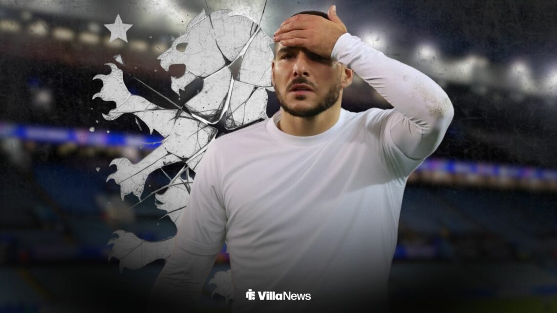 Emi Buendia in a plain shirt alongside an Aston Villa badge