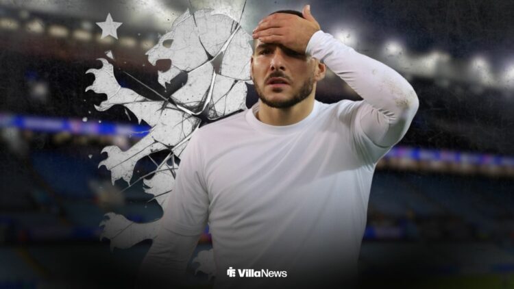 Emi Buendia in a plain shirt alongside an Aston Villa badge