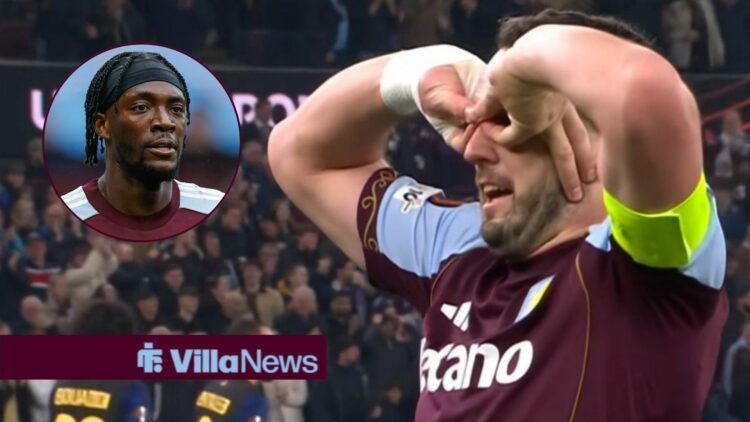 John McGinn celebrating for Aston Villa after scoring against Lille looking towards Tammy Abraham in a circle inset