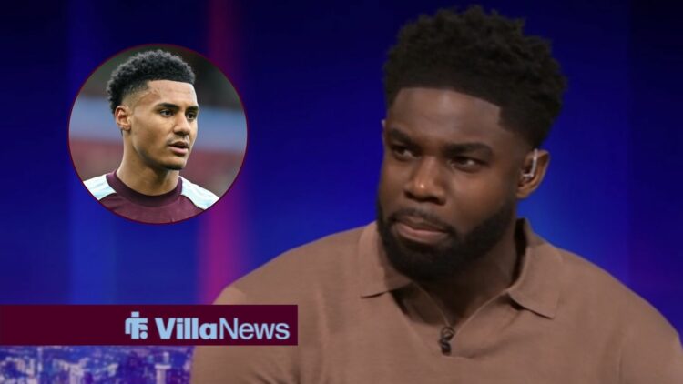 Micah Richards speaking on Match of the Day looking towards a circle inset of Ollie Watkins playing for Aston Villa