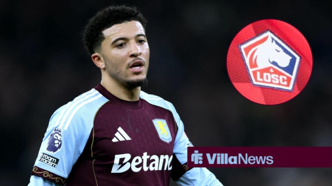 Jadon Sancho of Aston Villa in action during the Premier League match between Aston Villa and Brighton &Hove Albion at Villa Park looking towards t...