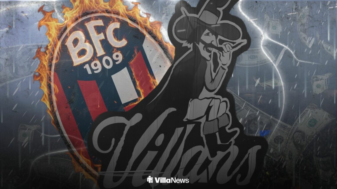 Tifo of the Aston Villa Villan hanging from the Holte End at Villa Park alongside a burning Bologna badge