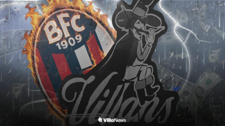 Tifo of the Aston Villa Villan hanging from the Holte End at Villa Park alongside a burning Bologna badge