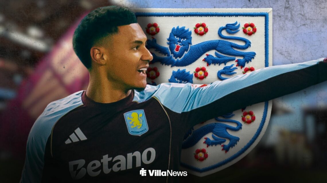 Ollie Watkins celebrating for Aston Villa alongside an England badge