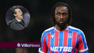 Crystal Palace striker Evann Guessand looks across to his right while in action, alongside a circular inset of Aston Villa boss Unai Emery shouting on the touchline