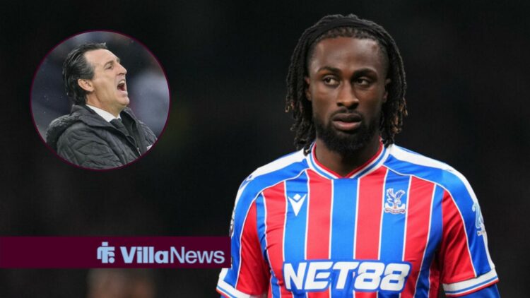 Crystal Palace striker Evann Guessand looks across to his right while in action, alongside a circular inset of Aston Villa boss Unai Emery shouting...