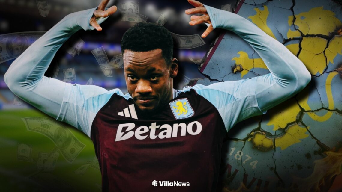 Jhon Duran celebrating for Aston Villa ahead of a smashed up Aston Villa badge