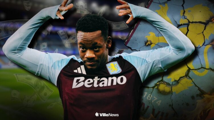 Jhon Duran celebrating for Aston Villa ahead of a smashed up Aston Villa badge