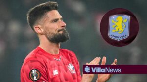 Olivier Giroud playing for Lille looking towards a circle inset of the Aston Villa badge