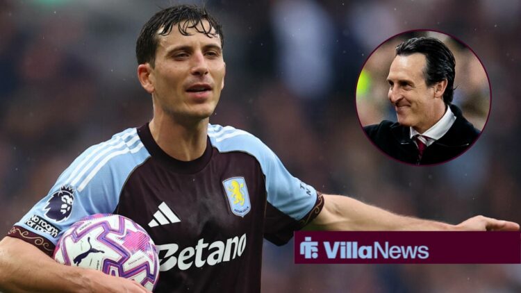 Pau Torres playing for Aston Villa looking towards Unai Emery smiling