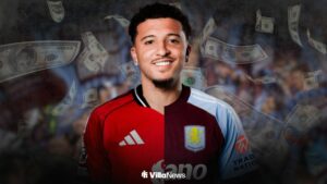 Jadon Sancho in a half Aston Villa and half Manchester United shirt